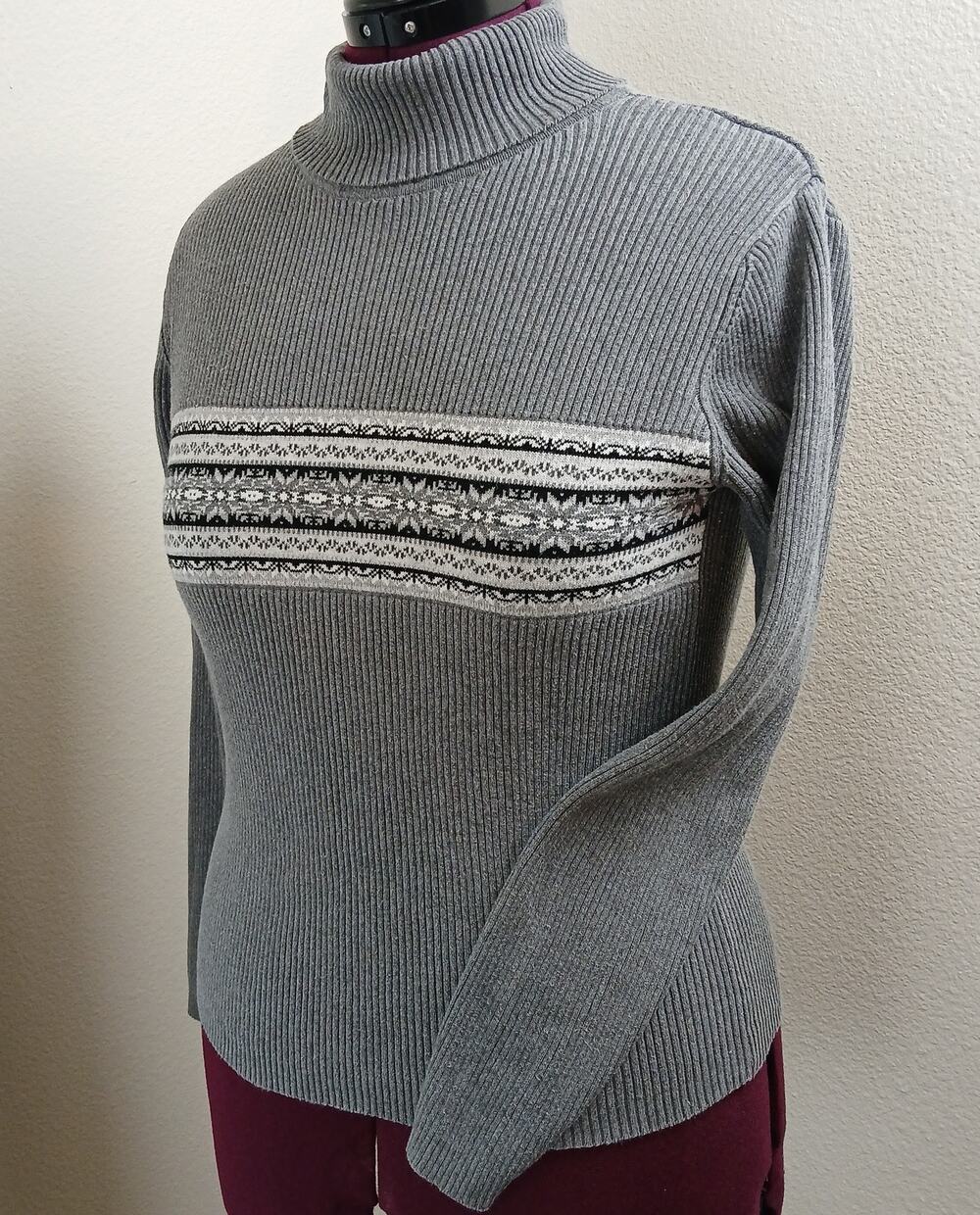 Gap Ribbed Knit Turtleneck Sweater M VTG Y2K grey fair isle chest stripe cotton
